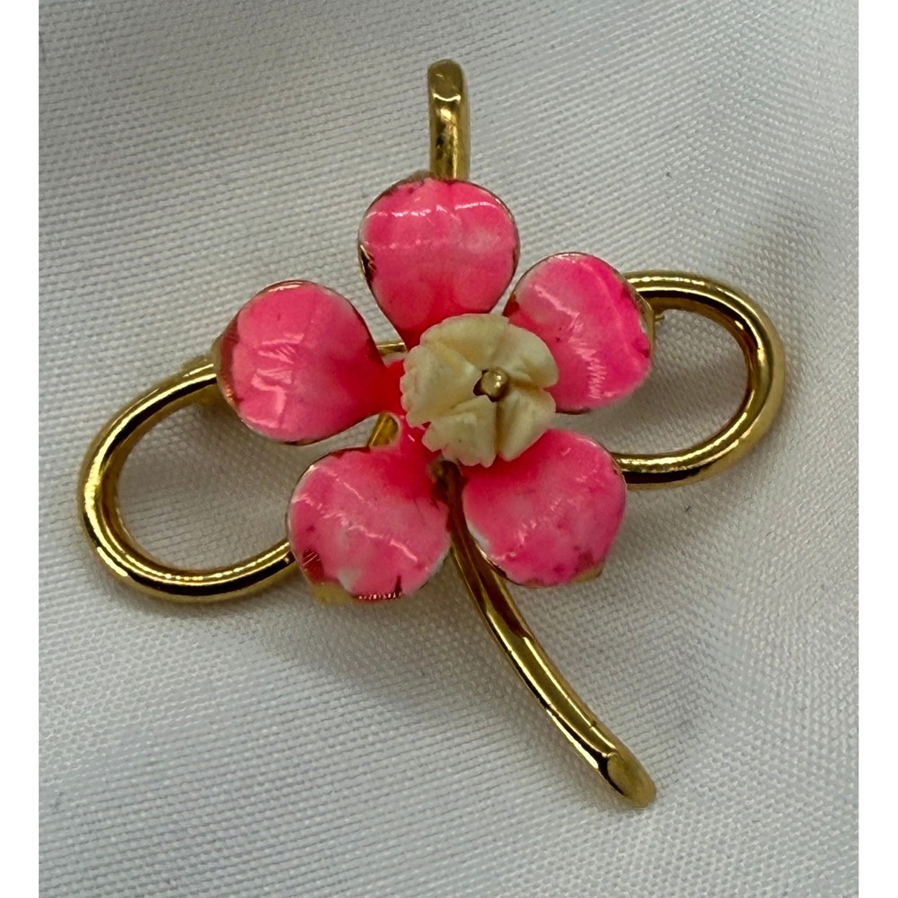 Vintage Pink Enamel Flower Brooch Gold Tone Floral Pin Mid Century Retro Style